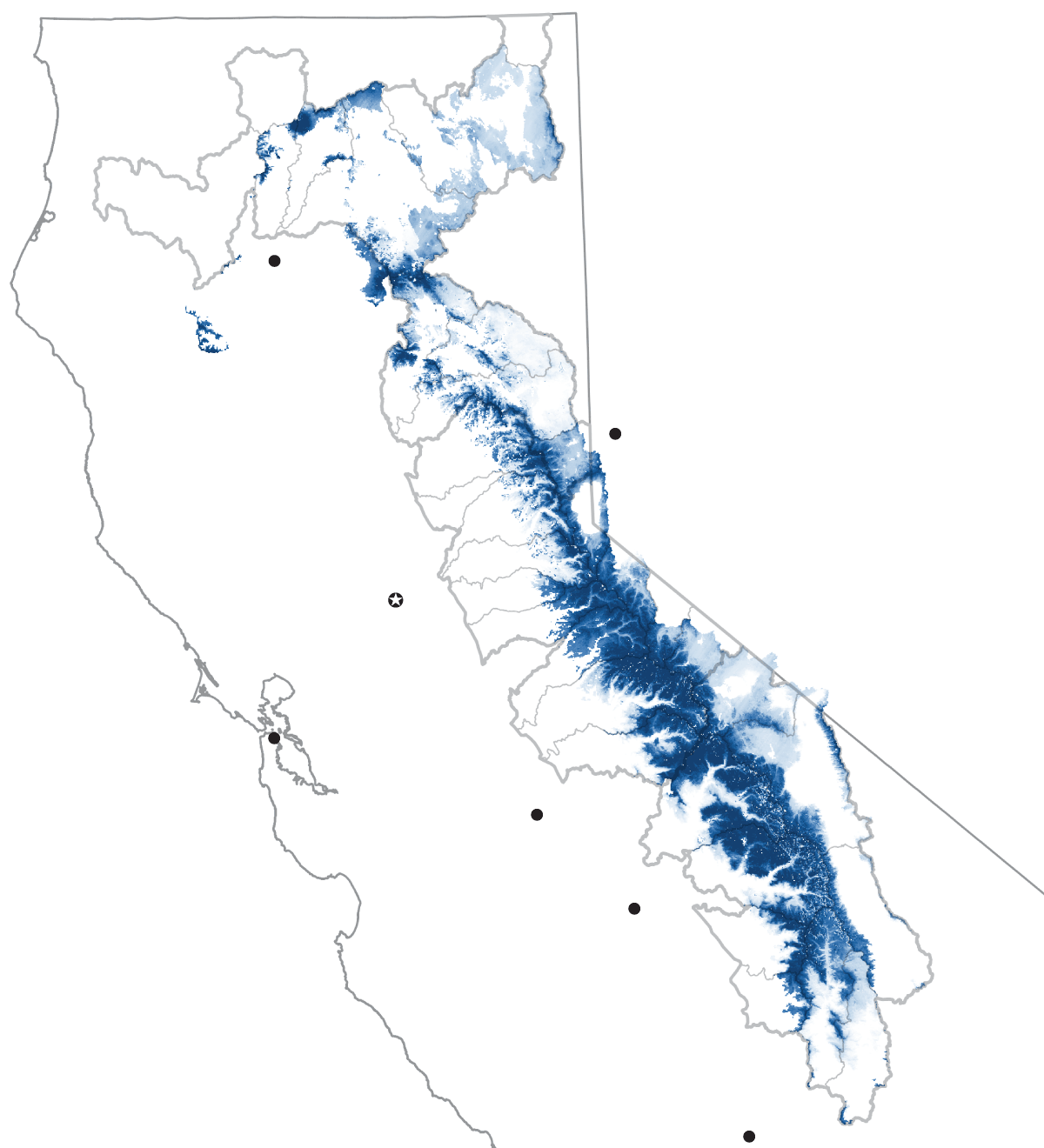 Maps show the extent of the Sierra snowpack compared to the historical average