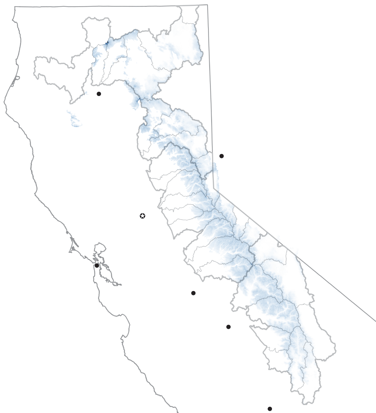 Maps show the extent of the Sierra snowpack compared to the historical average