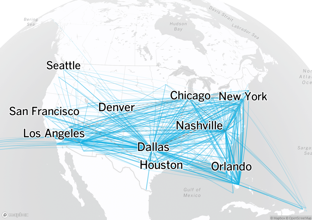 Map of American Airlines flights on December 18, when 1.2 percent of flights were canceled.