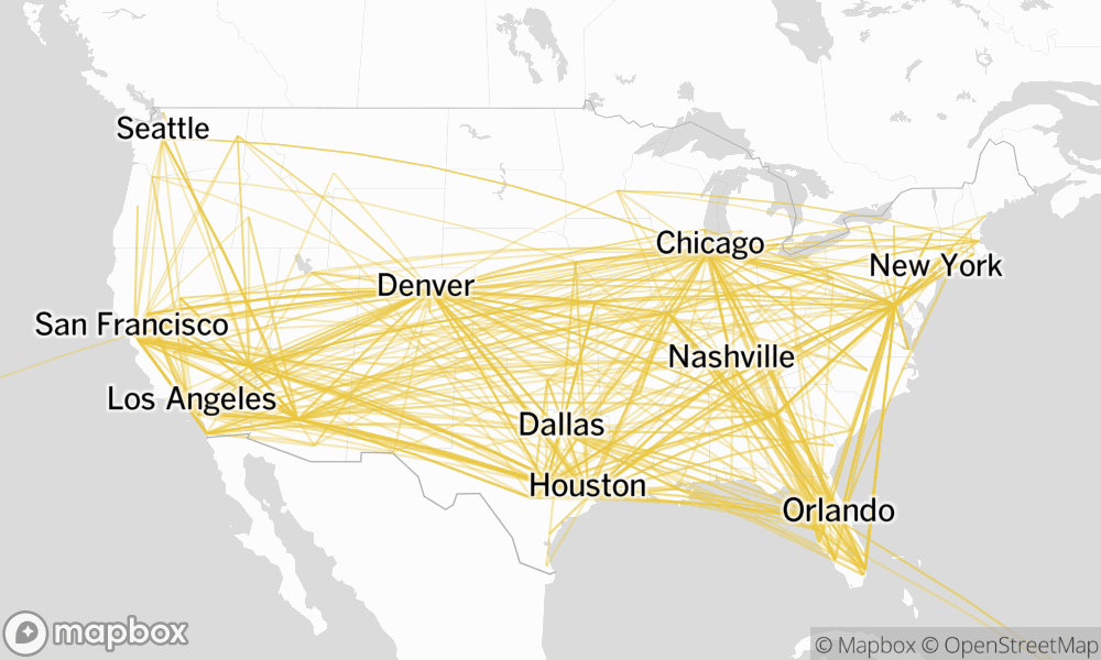 Map of Southwest Airlines' non-passenger flights from December 22 to December 29.
