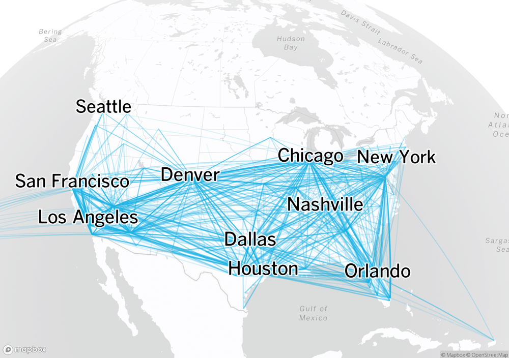 Map of Southwest Airlines flights on December 18, when 0.1 percent of flights were canceled.