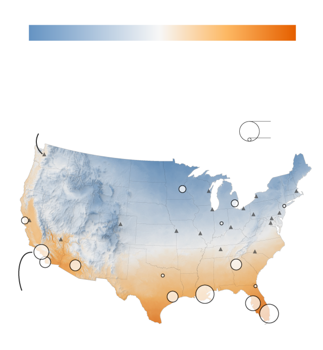 A map that shows Super Bowl most Super Bowl locations have been held in areas that have a warmer February temperature. 