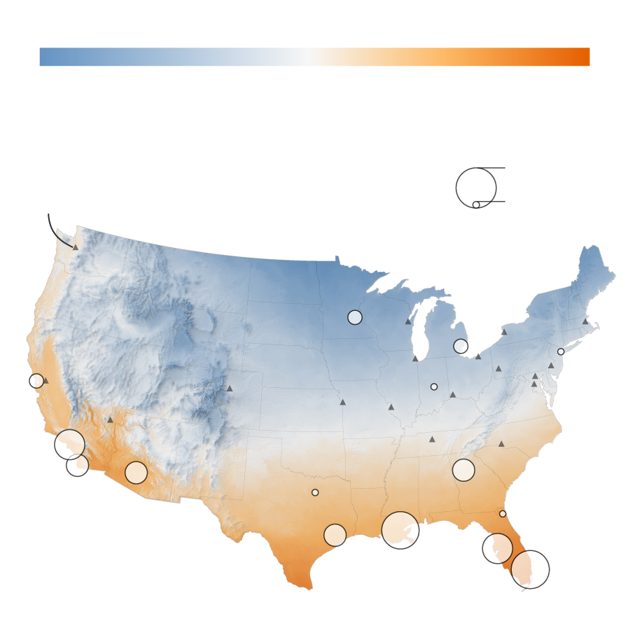 A map that shows Super Bowl most Super Bowl locations have been held in areas that have a warmer February temperature. 