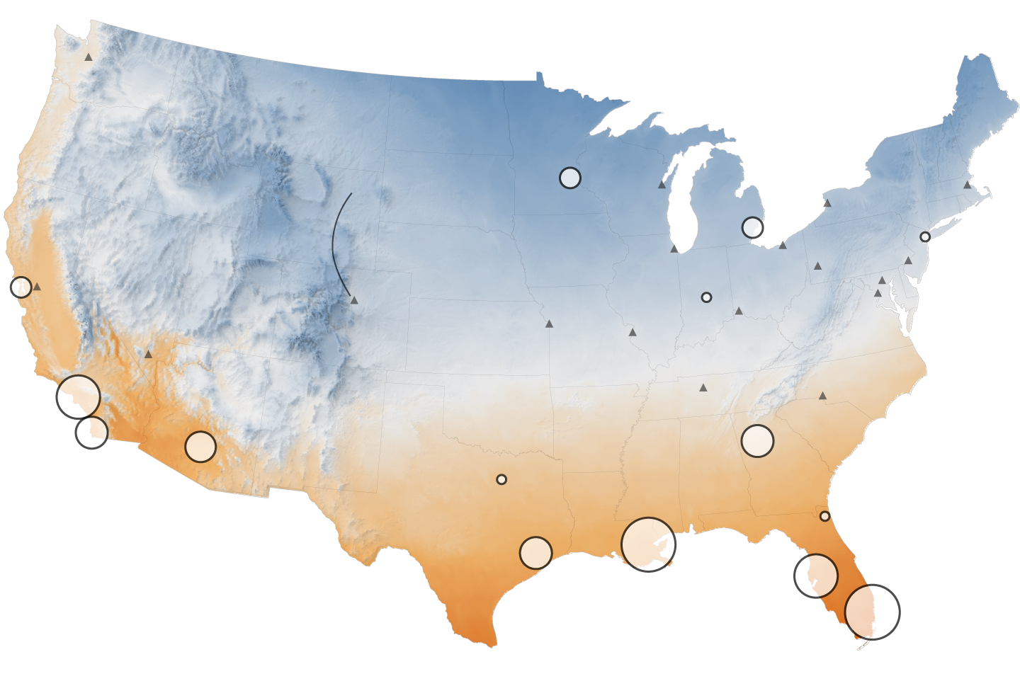 A map that shows Super Bowl most Super Bowl locations have been held in areas that have a warmer February temperature. 