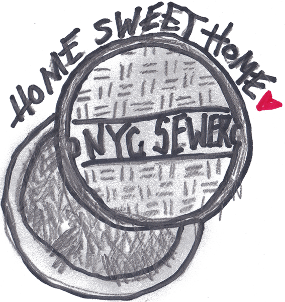 Illustration of a NYC sewer manhole cover with the words Home Sweet Home writte above it