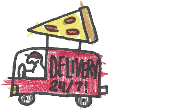 Pizza delivery truck driving across the screen