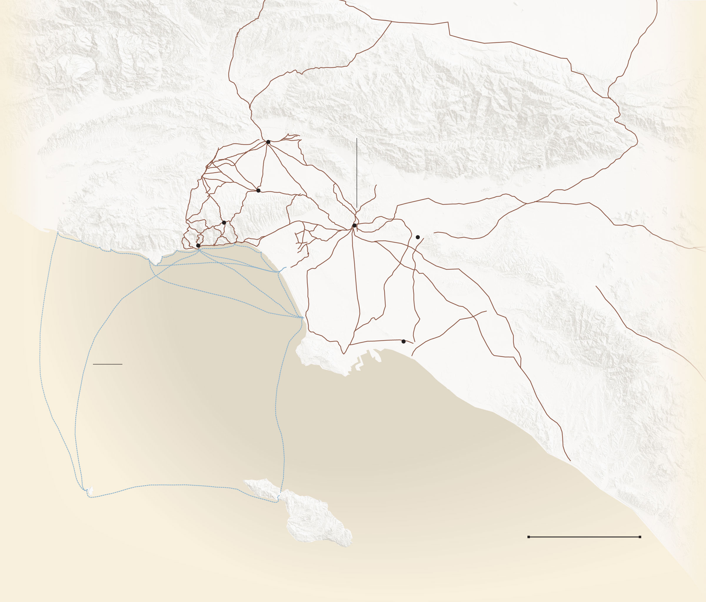 A map shows Native American village sites in the Los Angeles region connected by ancient roads and boat routes.