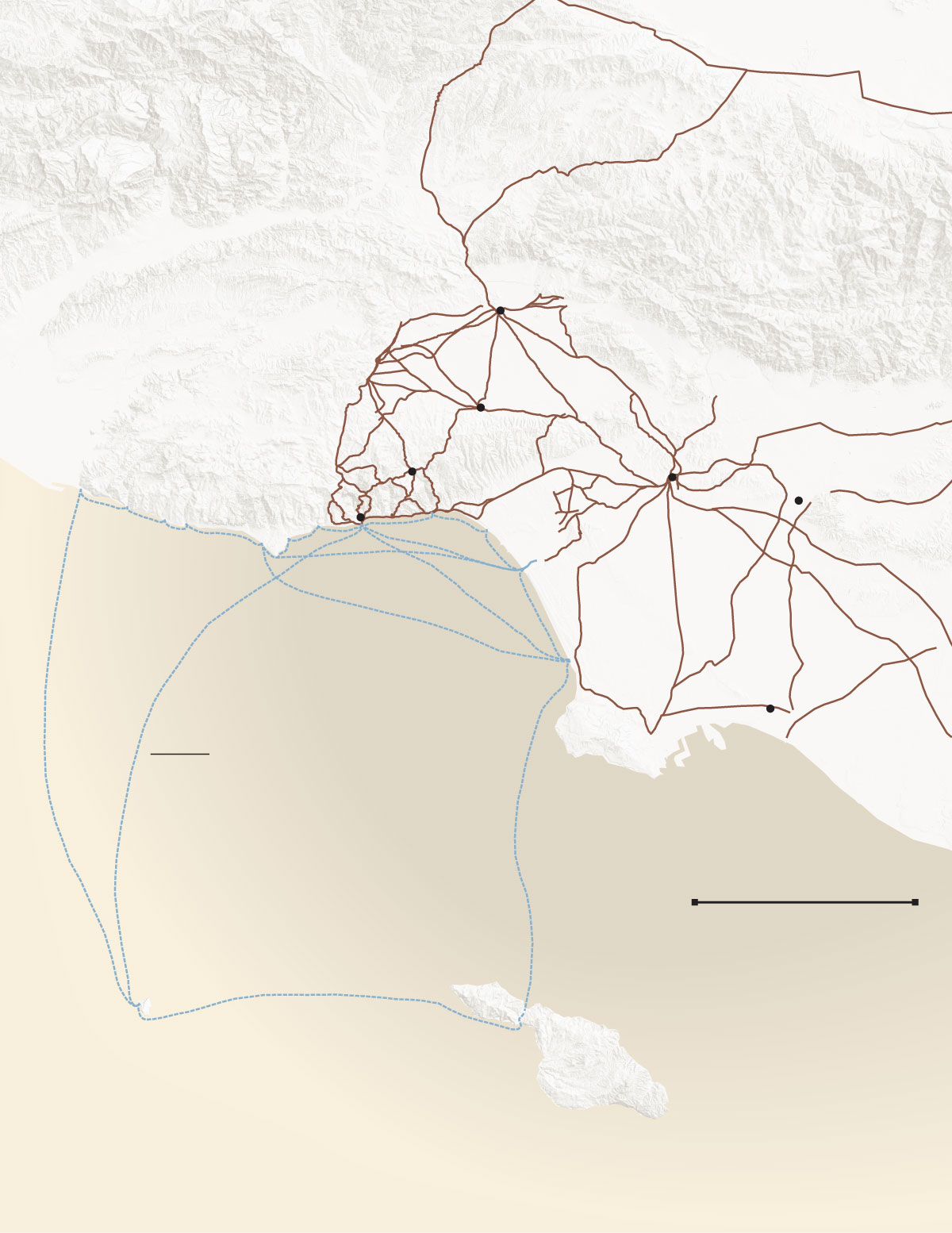 A map shows Native American village sites in the Los Angeles region connected by ancient roads and boat routes.