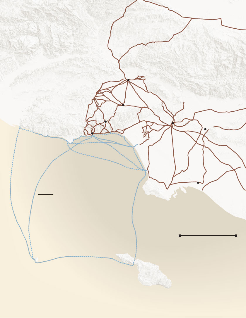 A map shows Native American village sites in the Los Angeles region connected by ancient roads and boat routes.