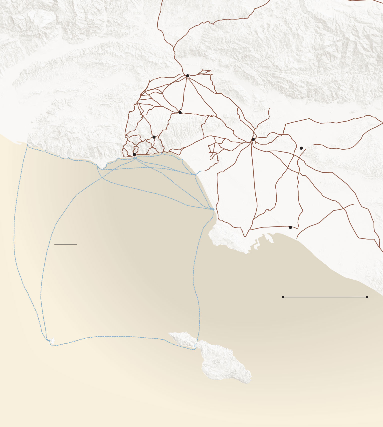 A map shows Native American village sites in the Los Angeles region connected by ancient roads and boat routes.