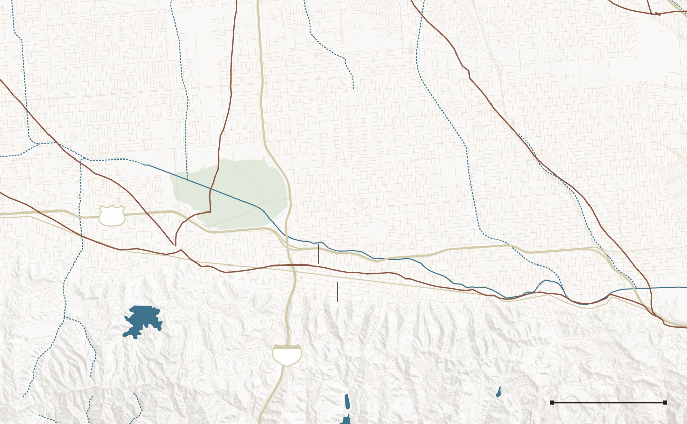 A map of the Encino area compares the path of Ventura Boulevard and a Native American road, both of which follow the base of the mountains.