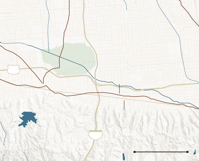 A map of the Encino area compares the path of Ventura Boulevard and a Native American road, both of which follow the base of the mountains.