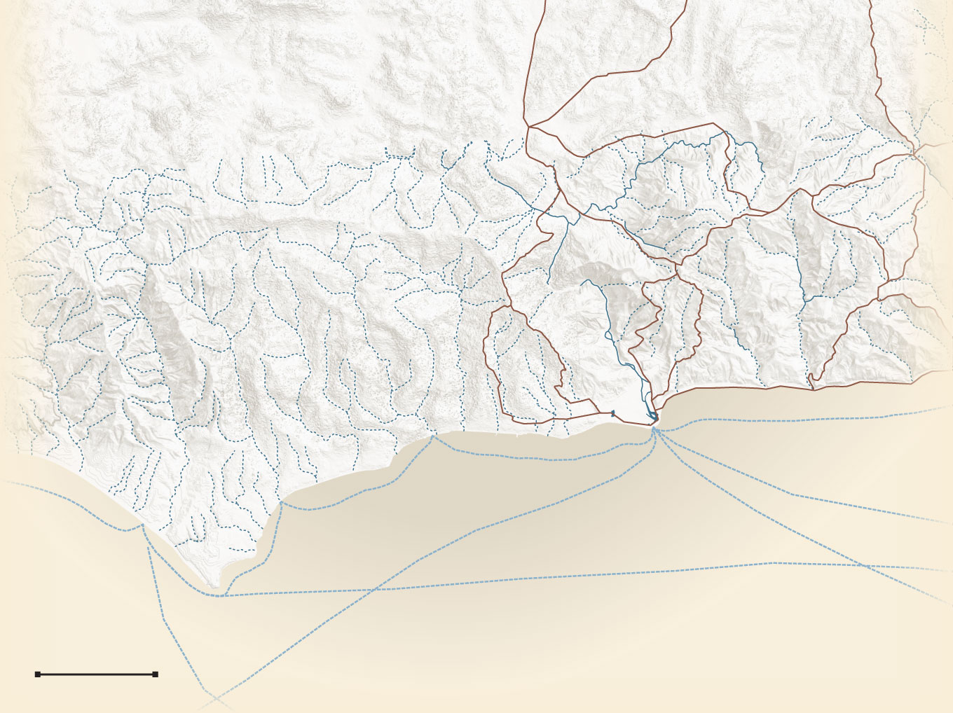 A map shows land and sea routes on the coast of present-day Malibu.