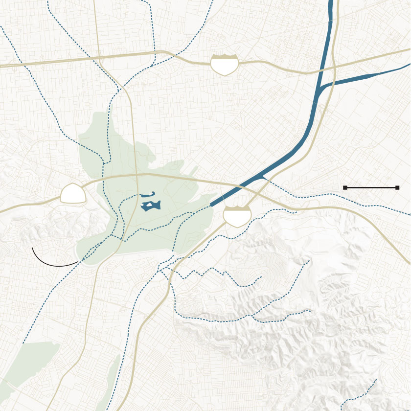 A map shows the present-day landscape of Whittier Narrows