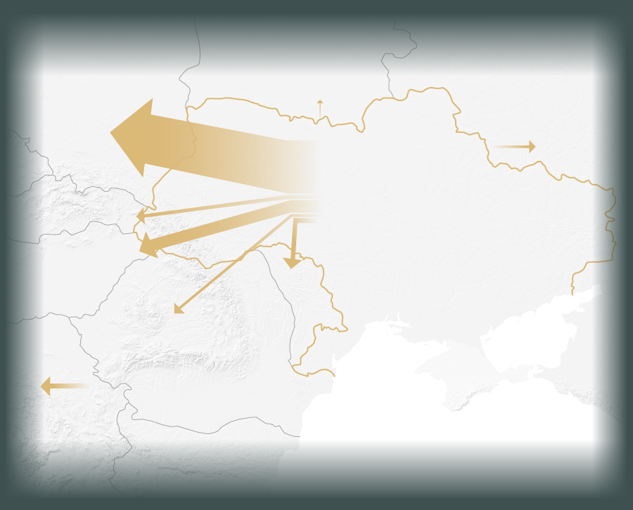A map showing more than half a million refugees flee Ukraine