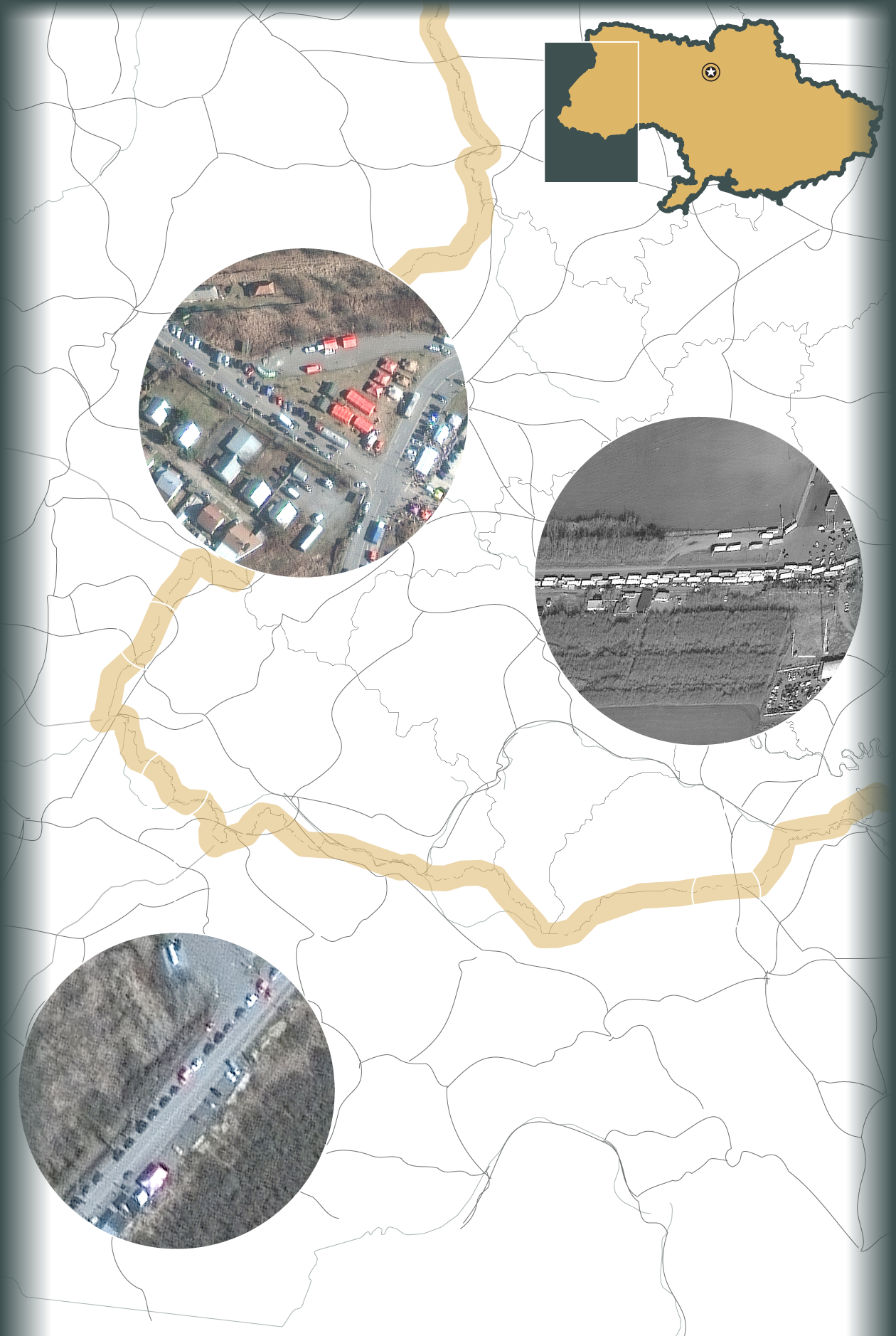 A map with three satellite images showing long lines at border crossings