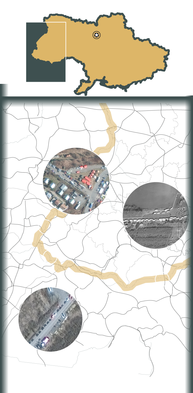 A map with three satellite images showing long lines at border crossings