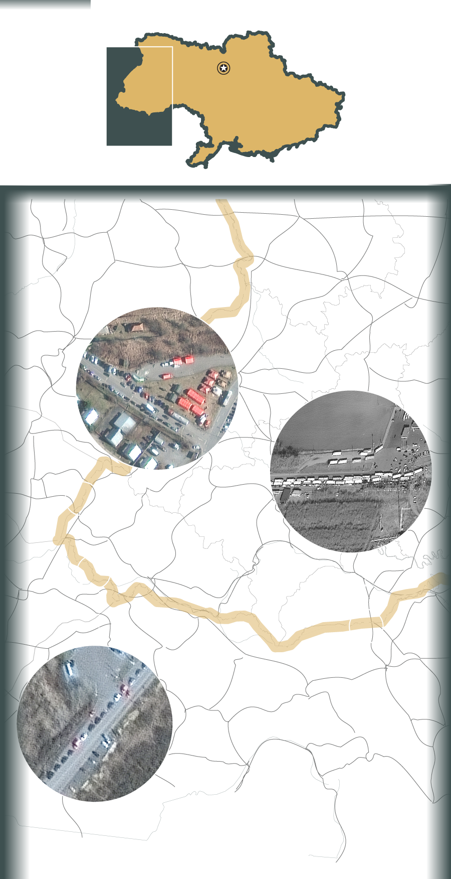 A map with three satellite images showing long lines at border crossings