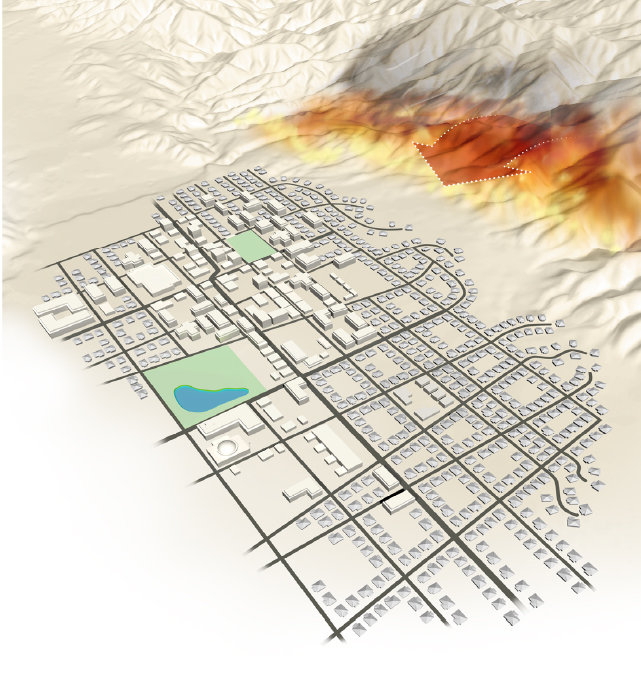 Graphic shows recommendations for staging wildfire aid or slowing wildfire spread. Adding buffer zones between wildland and urban areas; using public open parking lot for staging; adding greenways for access or escape use; building denser residential areas.