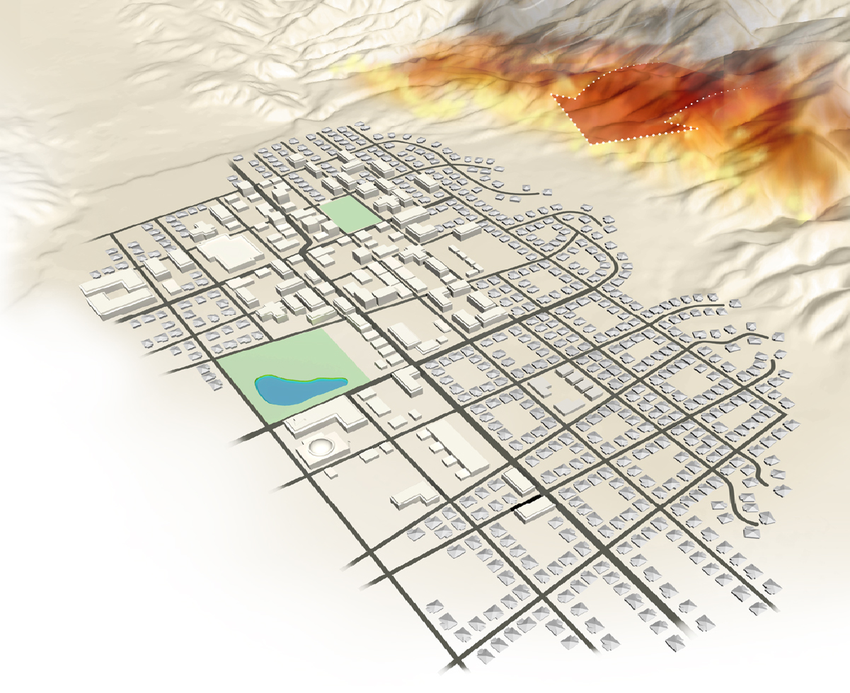 Graphic shows recommendations for staging wildfire aid or slowing wildfire spread. Adding buffer zones between wildland and urban areas; using public open parking lot for staging; adding greenways for access or escape use; building denser residential areas.