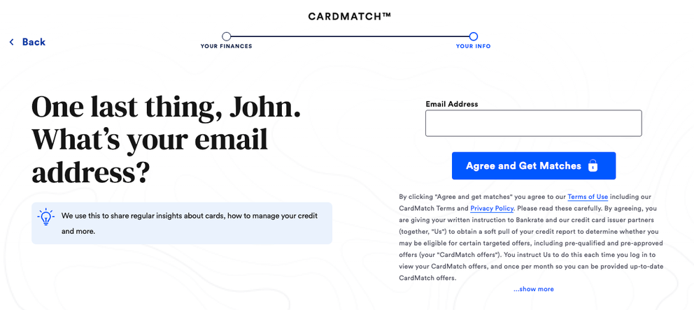 Agree and get matches screen on Cardmatch tool